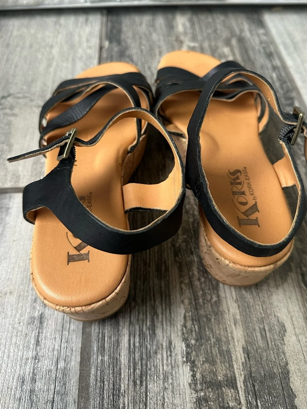 Kork-Ease Black Leather Wedge Sandals Adjustable Ankle Strap Size 7
